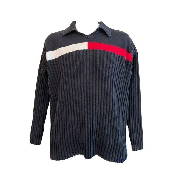Tommy Hilfiger Sweater Men's Large Navy Blue Red White Striped Ribbed Vtg - Picture 1 of 3